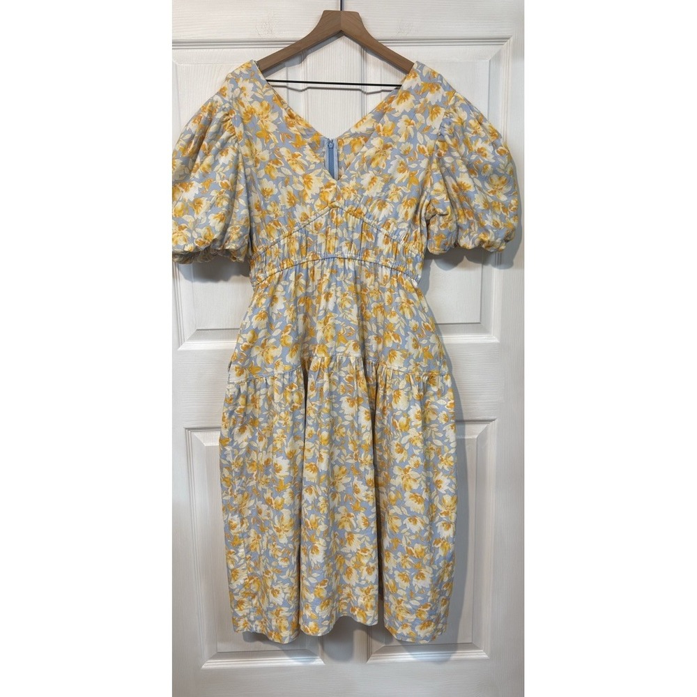 Tuckernuck Hyacinth House Blue and Orange Floral Puff Sleeve Pauline Midi Dress